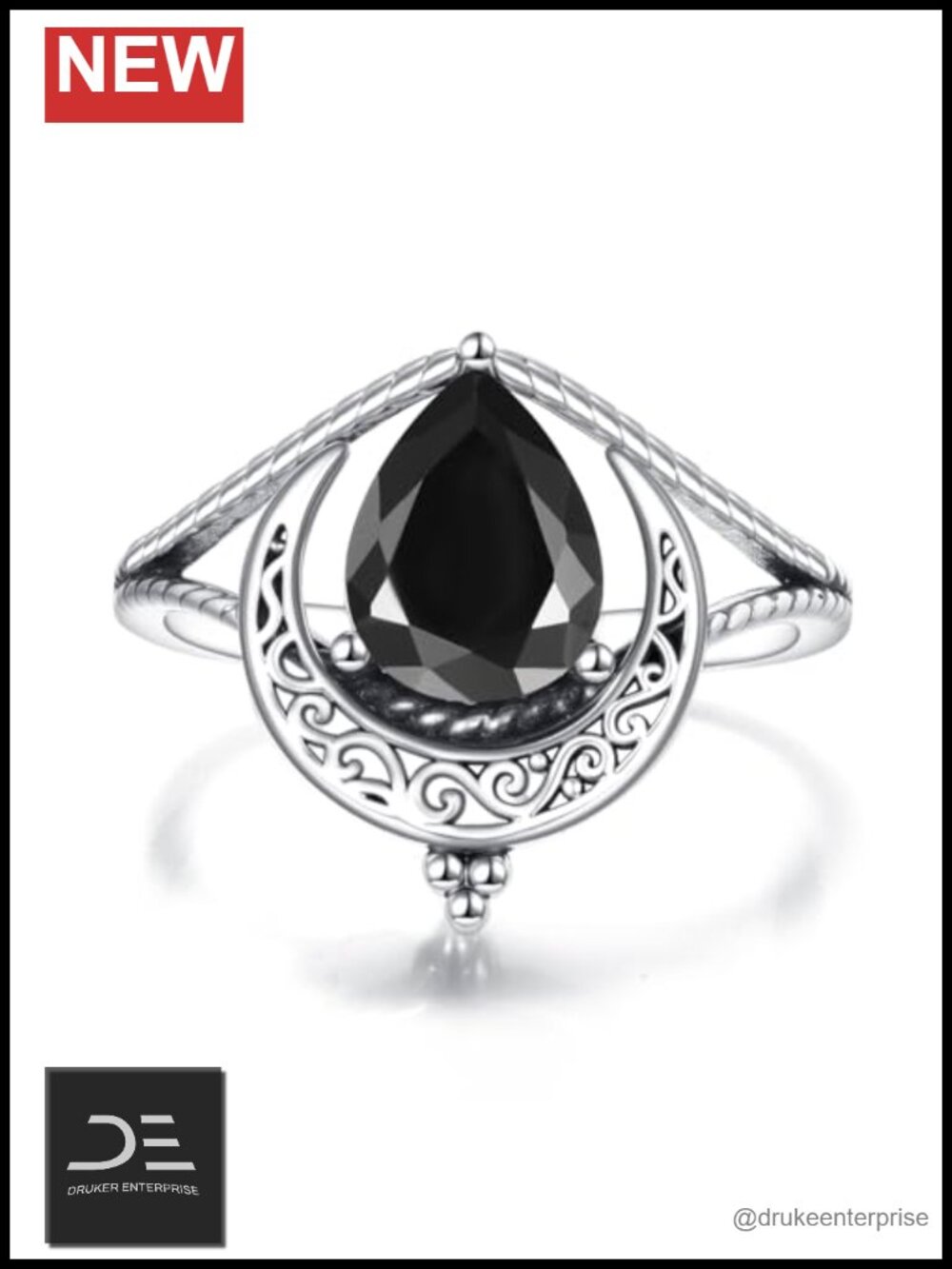 Vintage Moon Ring 925 Sterling Silver Filigree Teardrop Black Stone Size 9